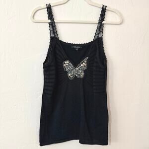 Frank Saul Black Embellished Butterfly Knit Tank Top Medium Y2K Beaded